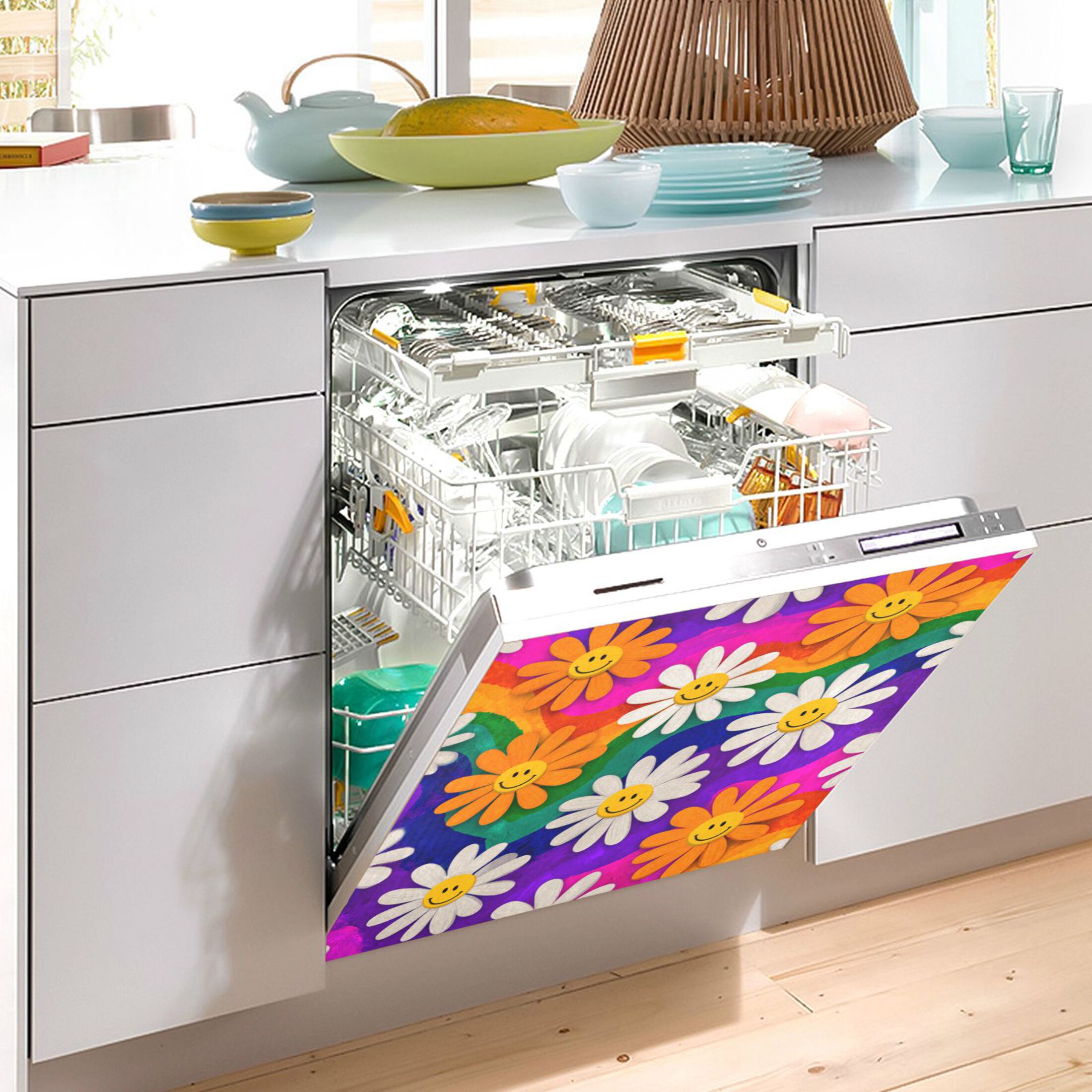 Dishwasher Magnetic Refrigerator Magnet Cover Sticker Home Decorative 23"x26" Rainbow Daisy Flowers
