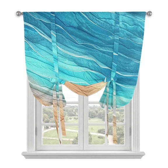 Aqua Ombre Coastal Tie Up Curtains for Small Windows,Adjustable Rod Pocket Valance 45 Inch Short, Summer Nautical Beach Ocean Seaside Window Treatment Balloon Roman Blind Shade, 34" x 45"