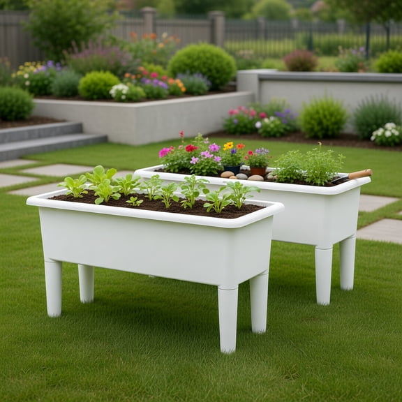 Topcobe 2 PCS Raised Garden Beds Self-Watering Planter Box with Detachable Legs and Drainage Hole, Garden Boxes Outdoor Raised, White