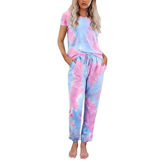 OKBOP Flattering Tops To Hide Tummy, Tie-Dye Print Pullover O-Neck   Pants Trousers Suits Sets Long Sleeve Blouses for Women Red Shirts for Women