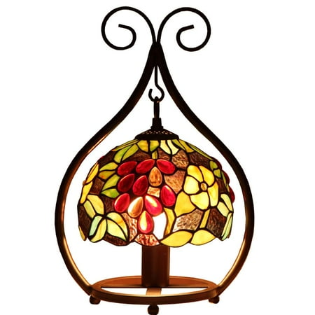 Grape Arbor Stained Glass Bieye L10528 11-inches Grapes Tiffany Style Stained Glass Table Lamp with Metal Base, 16-inch in Height ()