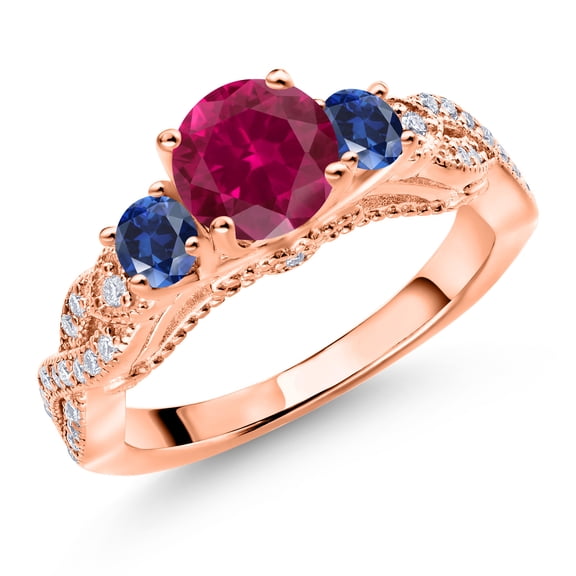 Gem Stone King 18K Rose Gold Plated Silver Red Created Ruby Blue Created Sapphire and White Moissanite Engagement Ring for Women (1.55 Cttw, Gemstone July Birthstone, Round 6MM and 3MM, Size 8)