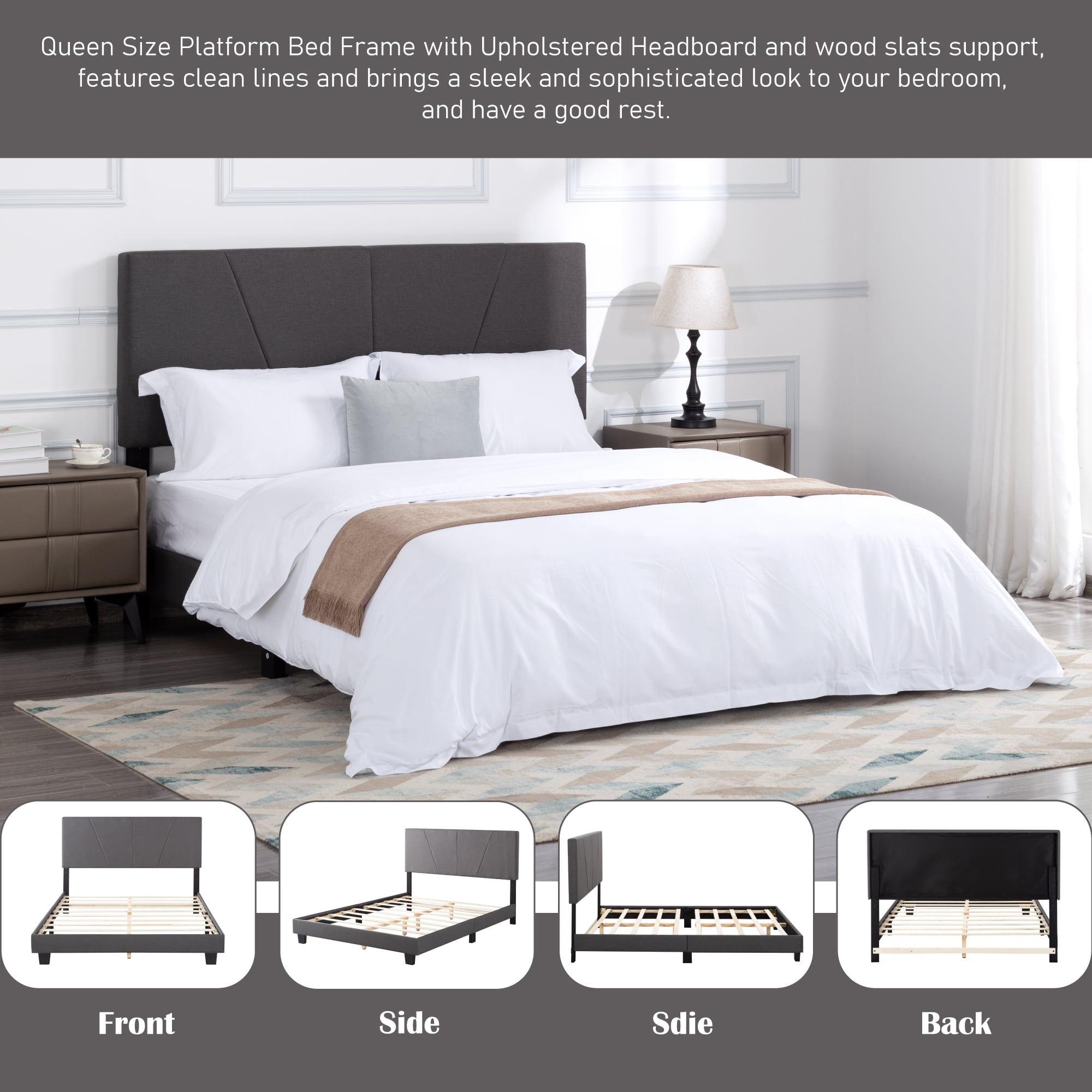 Gewnee Queen Size Platform Bed with Headboard,Fabric Upholstered Bed Frame,Strong Wood Slats Support,Easy Assembly,No Box Spring Needed（Dark Gray)