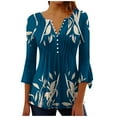 thumbnail image 1 of Pompotops Women's Casual Trumpet 3/4 Sleeve Printed Buttoned Basic Ruched Tops Pleated T-shirts Blouses Clearance, 1 of 5