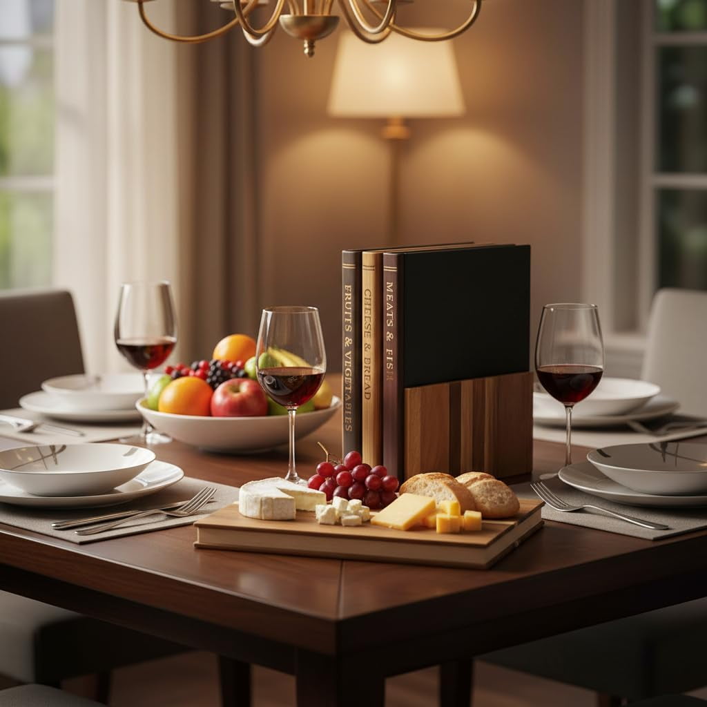 Book Cutting Board Set with Stand - Wooden Library Shaped Chopping Boards That Look Like Books, Labeled Meat, Fish, Cheese & Bread, Fruits & Vegetables, Decorative Kitchen Cutting Boards