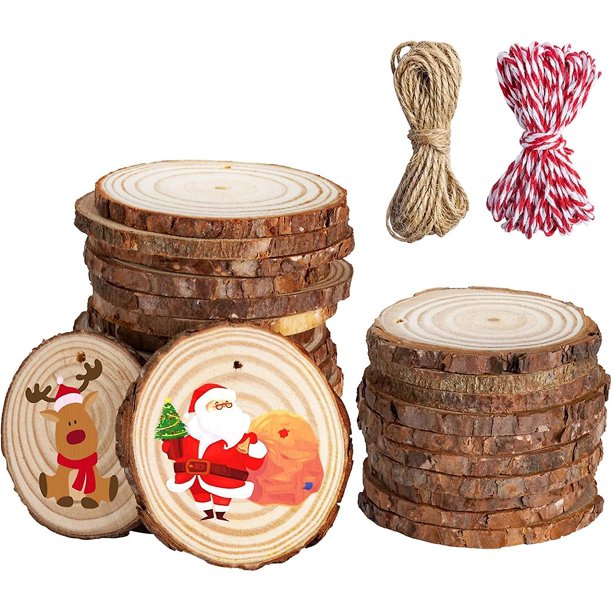 Rebanadas de madera natural 20 piezas Adornos de madera 2.4 "-3.1" Pretaladrado con agujero Kit de piezas redondas de madera sin terminar para bricolaje Artesanía en blanco Decoración de Navidad