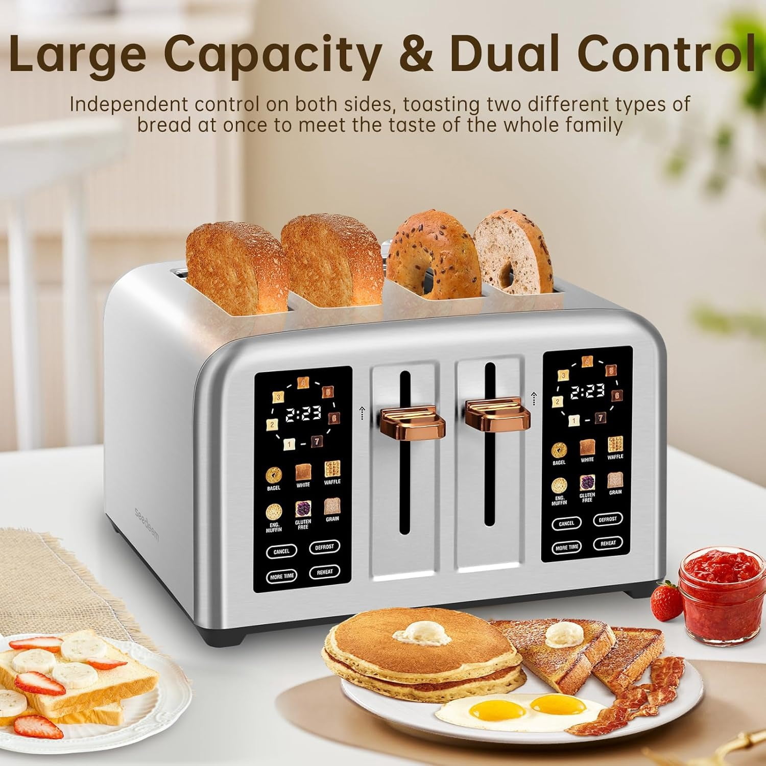 Toaster 4 Slice, Stainless , Touch Screen for Dual Control, Digital Timer, Toaster with 6 Bread Type, 7 Shade Setting, 1.5''Wide Slot, Removable Crumb Tray, 1800W, Metallic