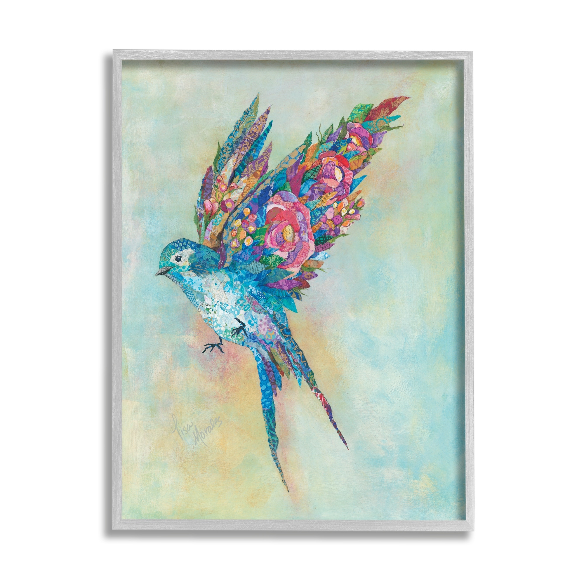 Stupell Industries Botanical Swallow Floral Blossom Wings Bird Painting Painting Gray Framed Art Print Wall Art, Design by Lisa Morales