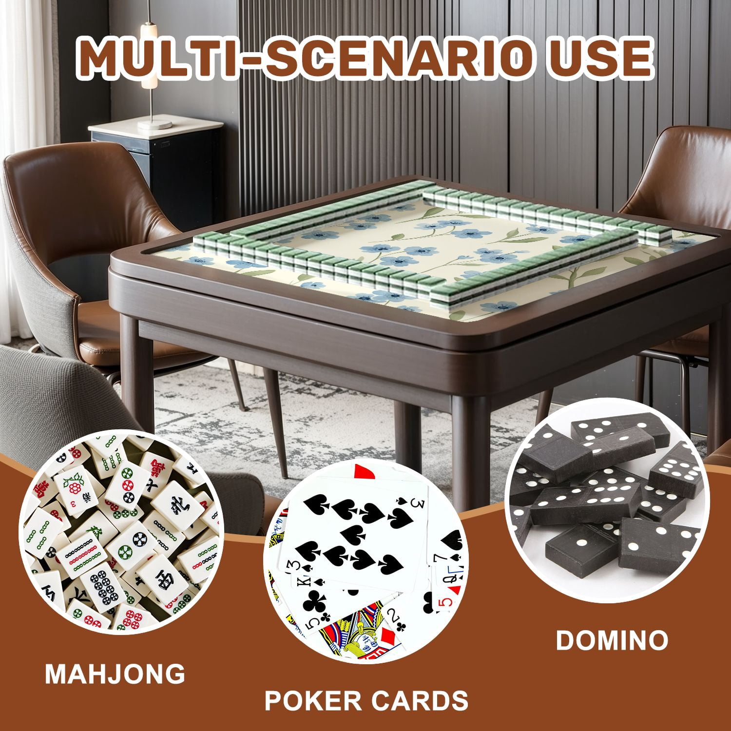 Mahjong Mat 31.5" x 31.5" Blue Floral Green Leaves Cream Watercolor Style Non-Slip Noise Reduction American Mahjong Tiles Table Cover for Dominoes Poker Card Board Games Gift
