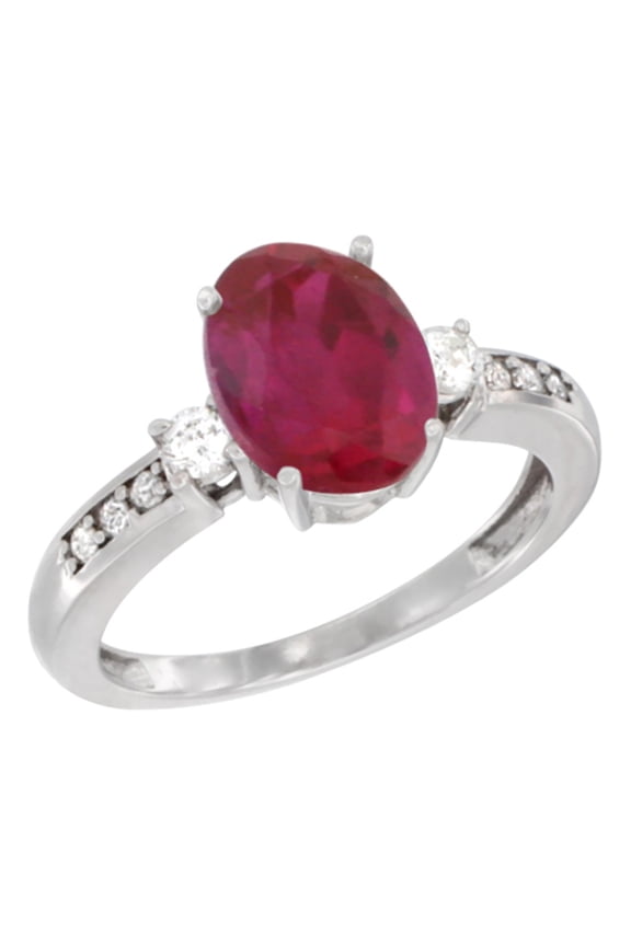 14K White Gold Natural High Quality Ruby Ring Oval 9x7 mm Diamond Accent, size 5.5