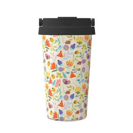 

Xecao Insects In Plants Pattern Insulated Coffee Mug with Handle & Flip Thermos Mug Water Bottle Coffee Tumbler Cup