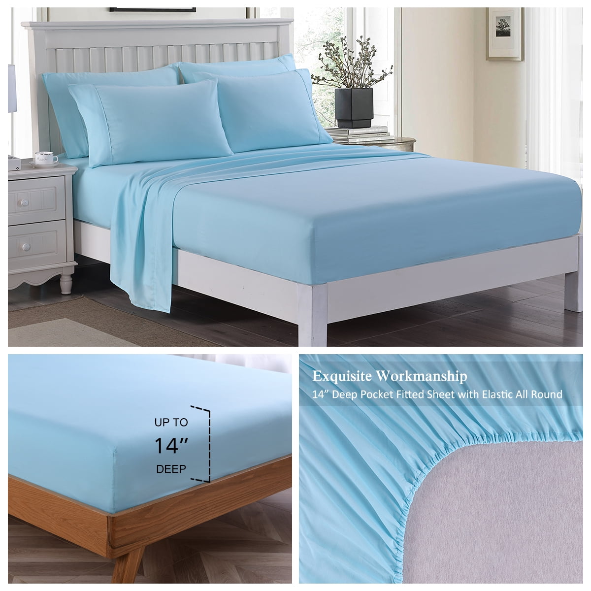 JML Bedding Full Bed Sheets Set - 6 Piece Bedding - Brushed Microfiber 100% Polyester - Shrinkage and Fade Resistant - Easy Care (Full, Light Blue)