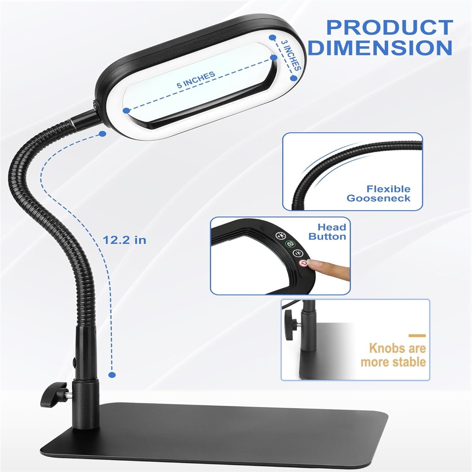 VISONHEART LED Magnifying Desk Lamp with Stand, Rectangular Real Glass Lens, 5 Color Modes Stepless Dimmable, Hands Free LED Task Lamp for Reading, Repair, Close Work & Craft Hobby