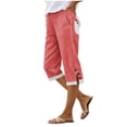 thumbnail image 5 of BUIGTTKLOP Women Cotton Linen Capri Pants Side Split Button Knee Length Long Shorts Ladies Striped Capris, 5 of 6