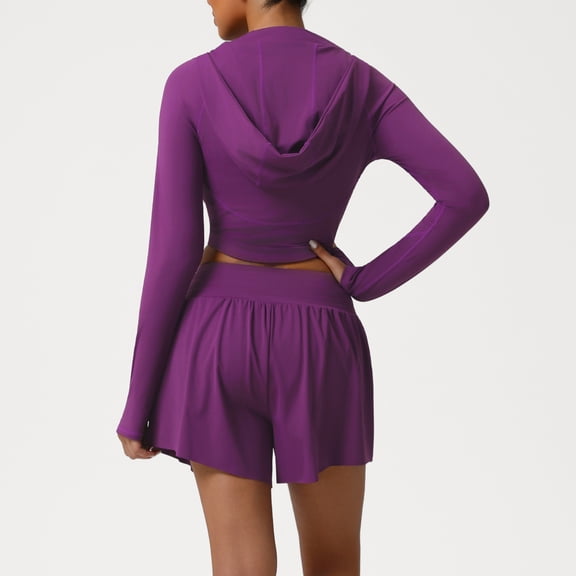 PISONIC Workout Sets for Women 2 Piece Long Sleeve Zip Up Jacket, High Waisted Yoga Shorts Gym Workout Sets