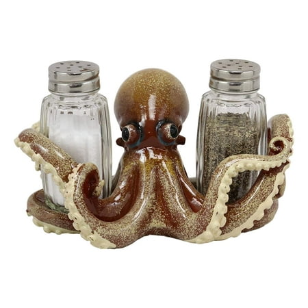 Ebros Gift Nautical Coastal Marine Octopus Wrapping Tentacles Around Glass Salt And Pepper Shakers Holder Figurine Set 6.25