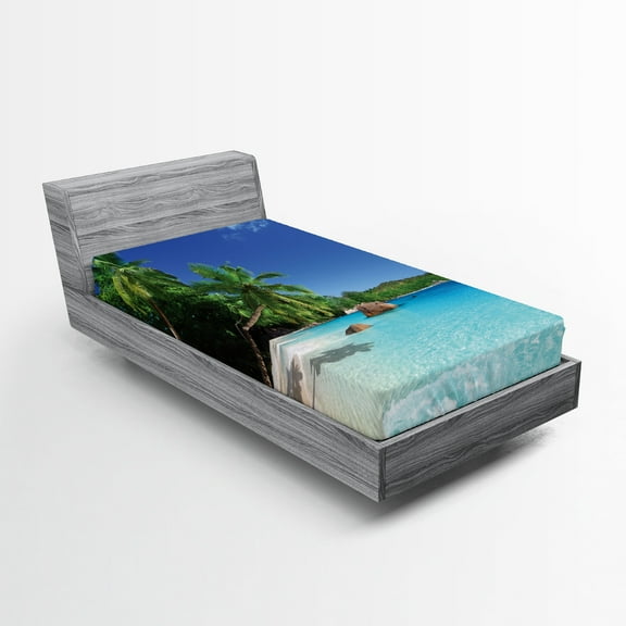 Ambesonne Island Fitted Sheet, Sunny Horizon of Prislin, Twin Size, Turquoise Green Blue