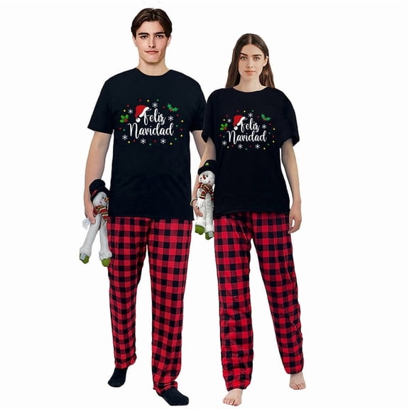 LuLiaMenton Feliz Navidad Santa Hat Black Matching Couples Christmas Pajamas Plaid Short Sleeve