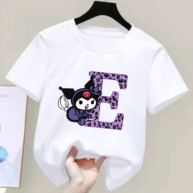 Kuromi-Camiseta de manga corta para niños, A-Z con letras de Anime Sanrio, ropa suave con corazón femenino, regalo de cumpleaños Kawaii