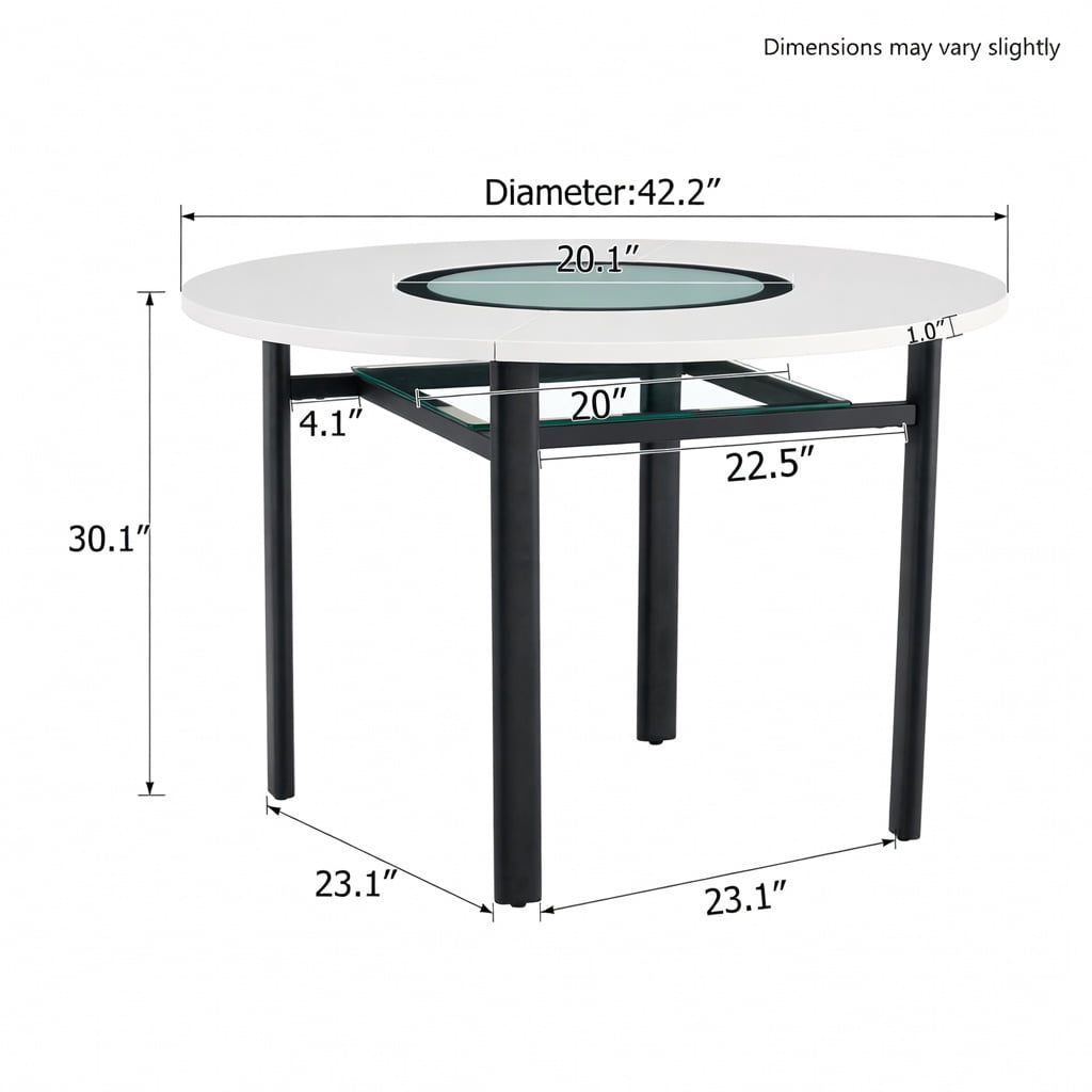 Hommoo 42 Inch Round Dining Table, Modern MDF Top with Gray Tempered Glass Inlay & Metal Base, 4-6 Person Minimalist Table for Dining Room, Kitchen, or Office, White & Black