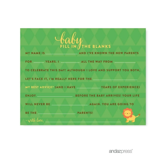 Fill-In-The-Blank Jungle Safari Baby Shower Games, 20-Pack