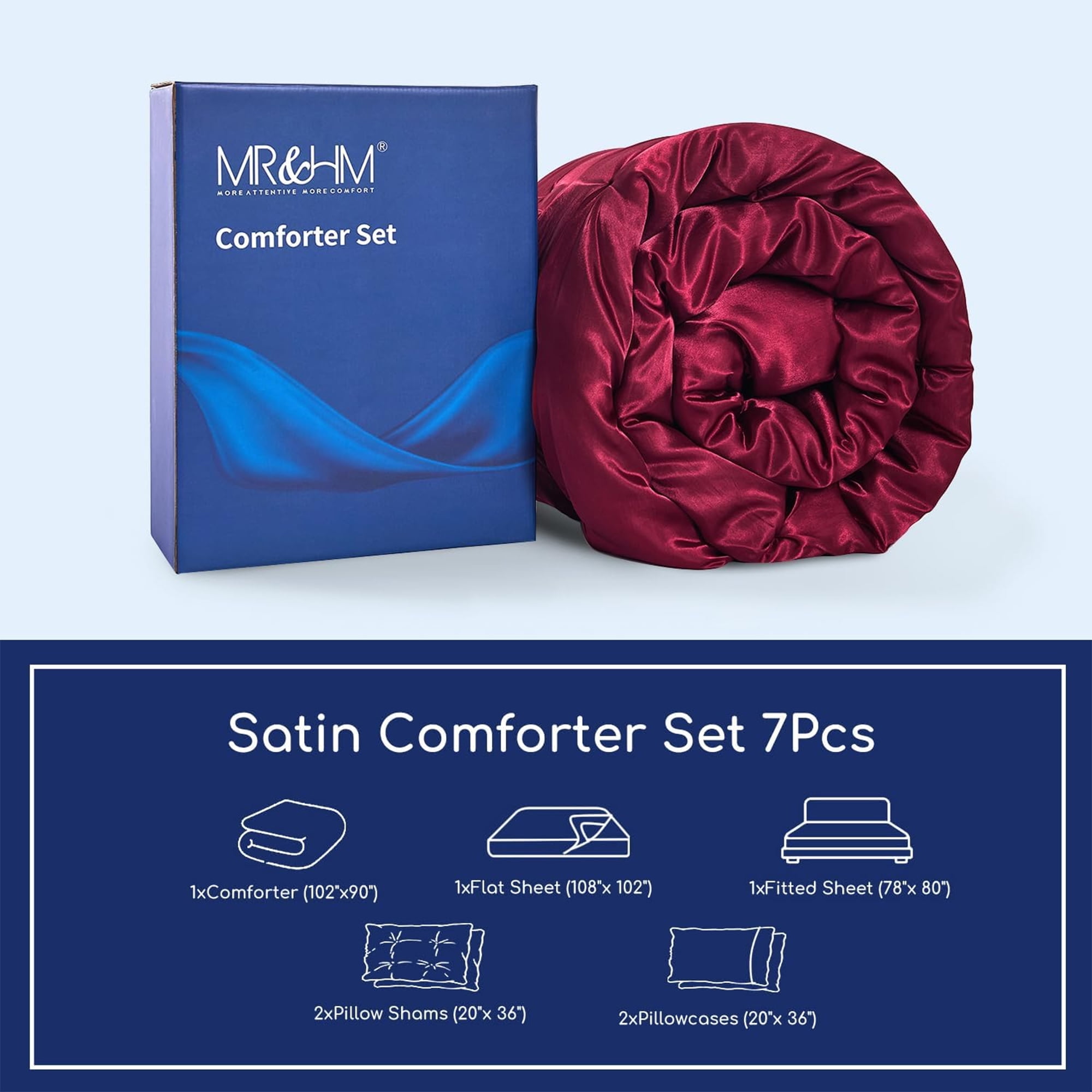 MR&HM Satin Comforter Set 7 Pieces King Size - Luxurious Pinch Pleat Bed in a Bag with Satin Comforter, Satin Sheets, Satin Pillowcases & Shams, Silky Soft Bedding Set for All Seasons (Burgundy)