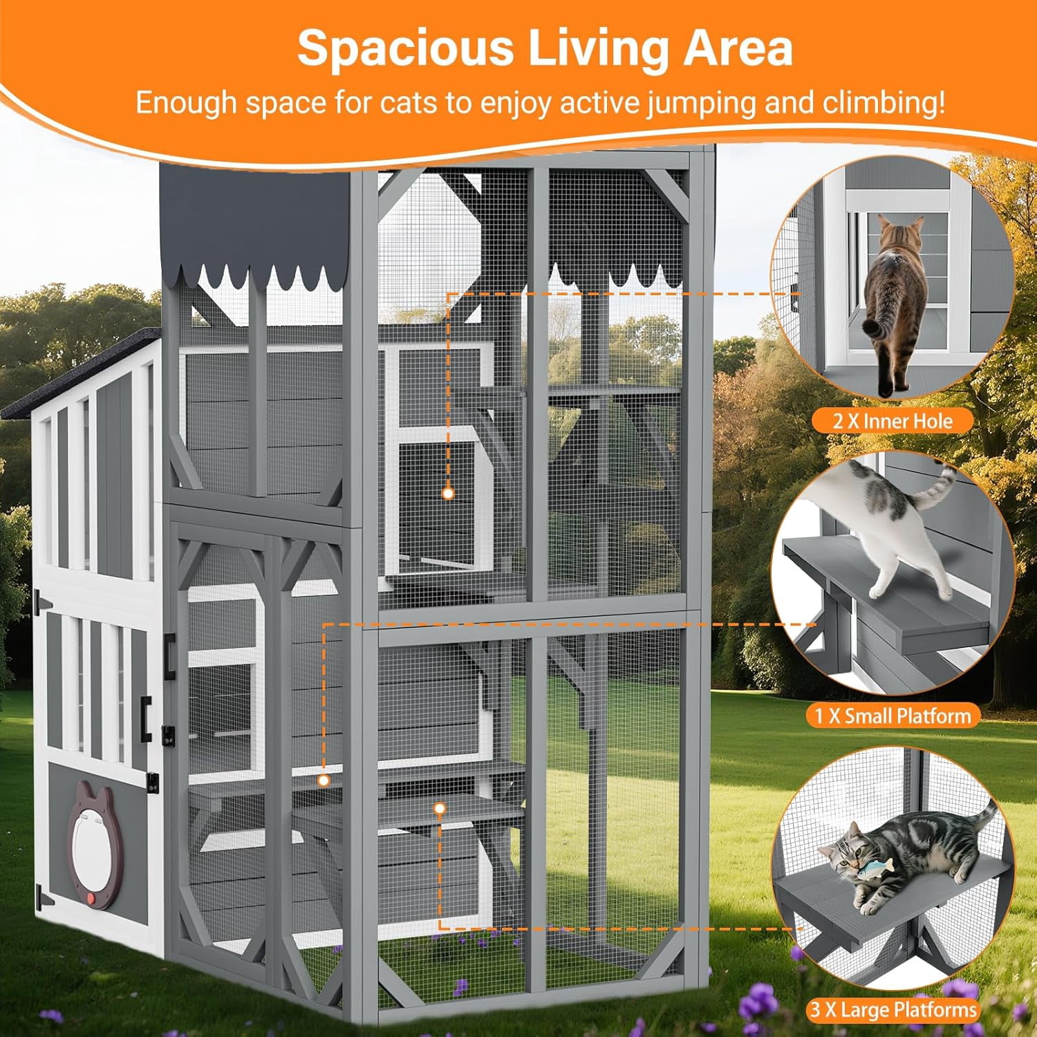 HomeSheek 3-Tier 69" H Outdoor Cat Enclosure, Weatherproof Roof, Window Access & Adjustable Two-Way Hole, Large Feral Shelter Indoor/Outdoor Use