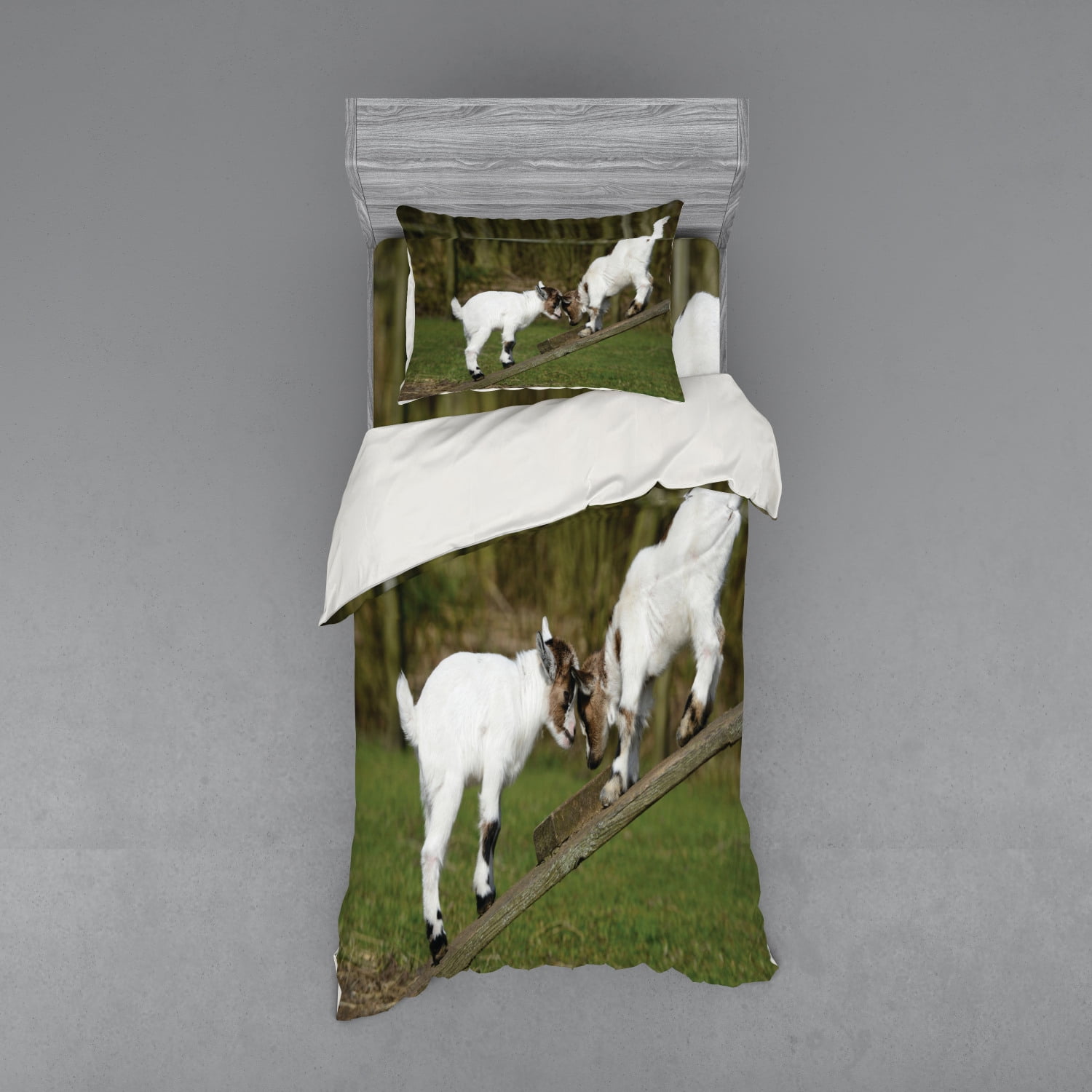 Animal Duvet Cover Set, Little Baby Goats on a Bench Their Horns