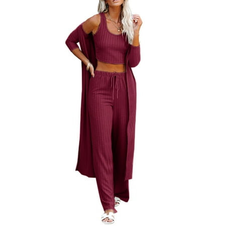 

Womens Pajamas Set Spring 3 Piece Loungewear Set Crop Vest Top Loose Pants and Cardigan Knitwear Jumpsuit