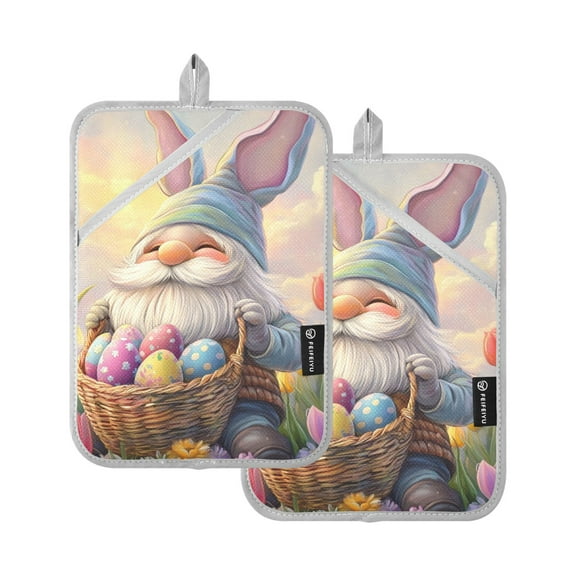 Gnome with Rabbit Ears Easter Eggs Tulips Potholders Heat Resistant Pot Holder Set of 2 Oven Hot Pads with Pocket