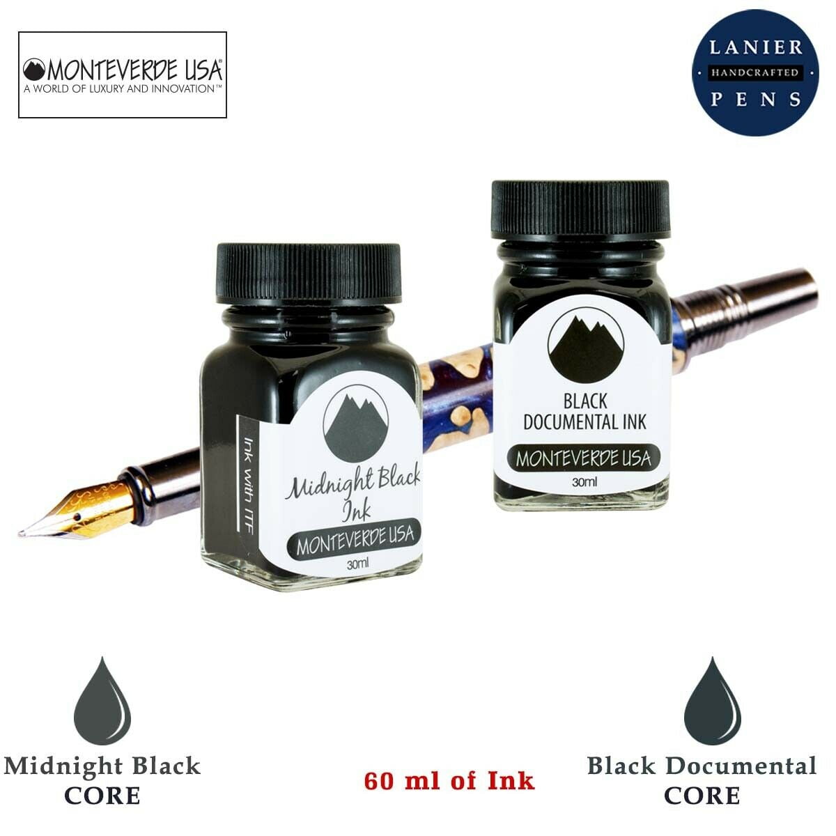 Monteverde 60ml Core Fountain Pen Ink Bottle (30ml Midnight Black Ink Bottle G309MB, 30ml Black Documental Ink Bottle G309DB)