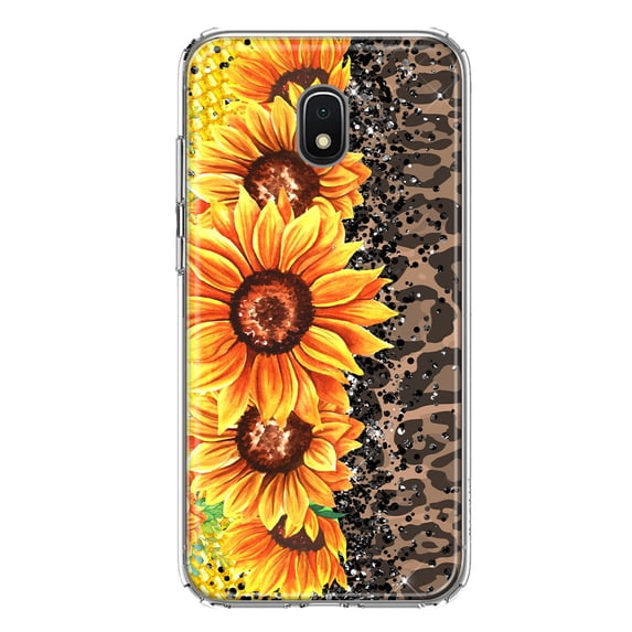 MUNDAZE Samsung Galaxy J3 Express/Amp Prime 3 Shockproof Clear Hybrid Protective Phone Case Yellow Summer Sunflowers Brown Leopard Honeycomb Cover