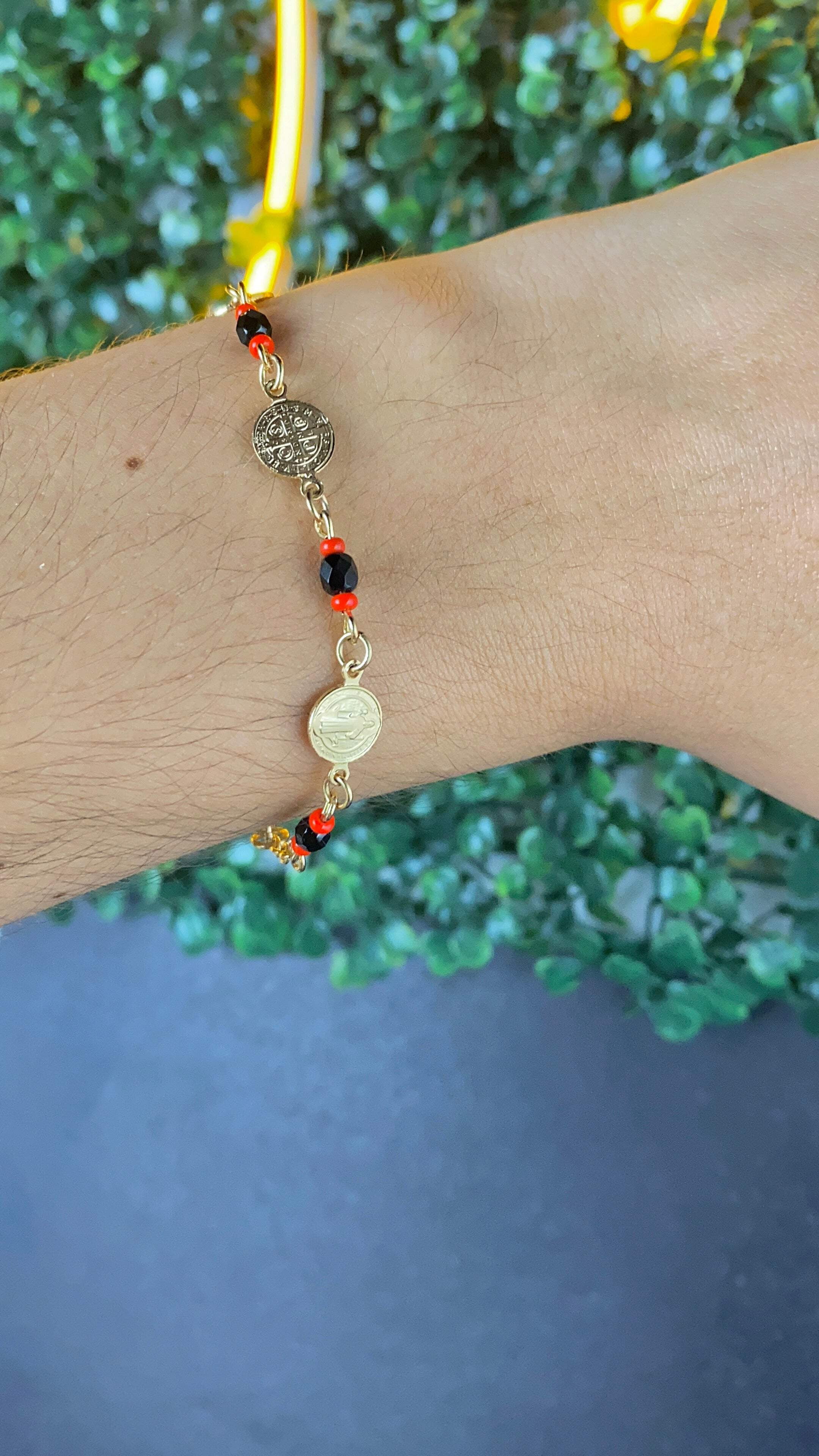 Womens San Benito Bracelet - Gold Filled Saint Benedictus Charm Black Red Beads
