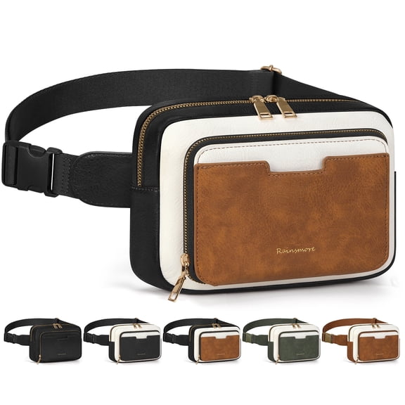 RAINSMORE Fanny Packs for Women, Leather Belt Bag Waterproof Everywhere Crossbody Waist Pack with Adjustable Strap Retro Sling Chest Bag for Work Running Travel Party,Black&Brown&White