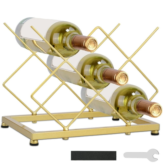 Countertop Wine Rack Iron Tabletop Wine Bottle Holder 5 Bottle Space Saving Tabletop Wine Bottle Stand with Anti-Slip Base Gold Geometric Wine Rack for Cabinet Pantry Restaurant 11x7.1 inch