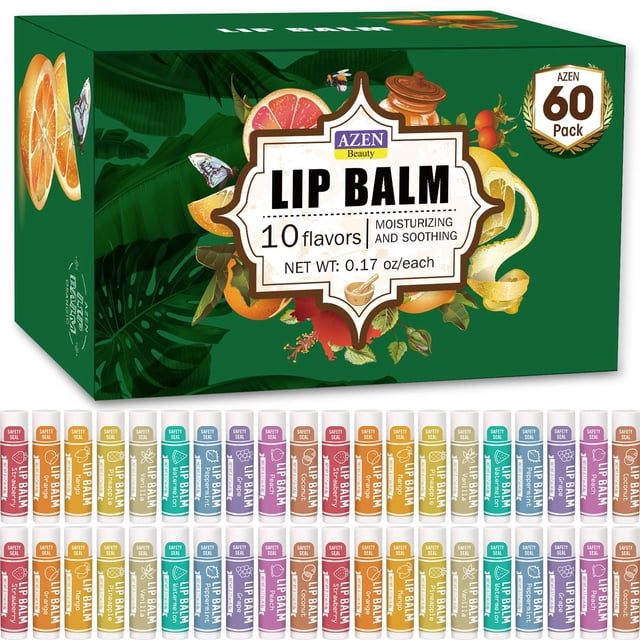 Bálsamo labial AZEN C-60, paquete de 60, humectante natural, 10 sabores