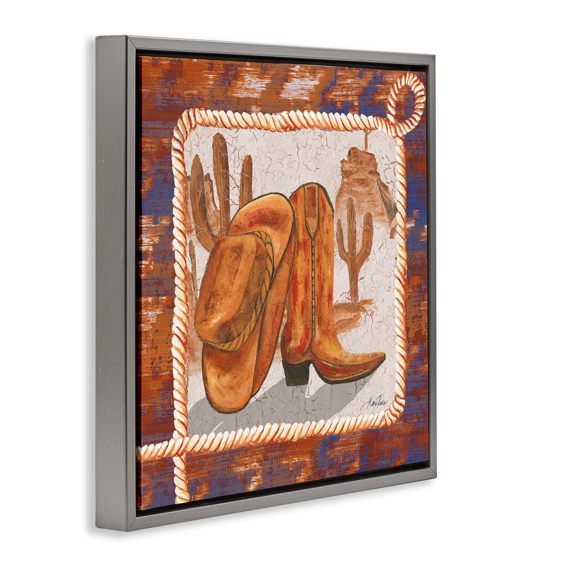 Stupell Industries Western Cowboy Boot Landscape Painting Gray Floater Framed Canvas Art Print Wall Art, 25 x 25