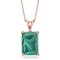 Gem Stone King 18K Rose Gold Plated Silver Green Malachite and White Created Sapphire Pendant Necklace for Women (10.02 Cttw, Gemstone Birthstone, Emerald Cut 14X10MM, with 18 inch Silver Chain)