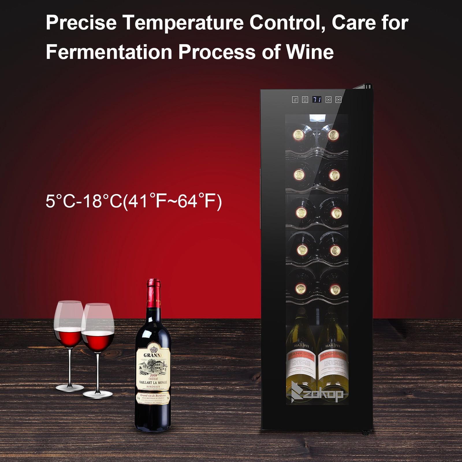 UWR-Nite 12 Bottle Wine Fridge, Freestanding Compressor Wine Cooler Refrigerator, Beverage Wine Chiller with Digital Temperature Control & Double-layer Glass Door