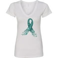 thumbnail image 3 of Inktastic Ovarian Cancer Awareness Teal Ribbon Made of Hearts Women's V-Neck T-Shirt, 3 of 5