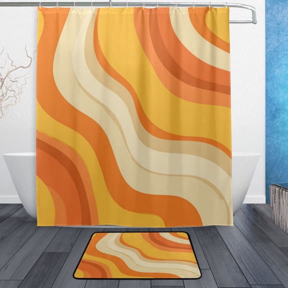 TTYFWHD 60" x 72" Shower Curtain and Bath Mat Set Orange Color Clash Pattern Waterproof Bathroom Curtain with 12 Hooks, Bathroom Decor Set