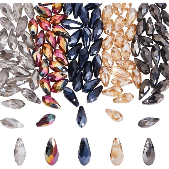 1 Box 100pcs 5 Colors Crystal Beads Faceted Glass Beads Top Drilled Beads Crystal Teardrop Pendants Chandelier Crystals Replacement for Jewelry Making Bracelet Necklace Earring 9x4mm