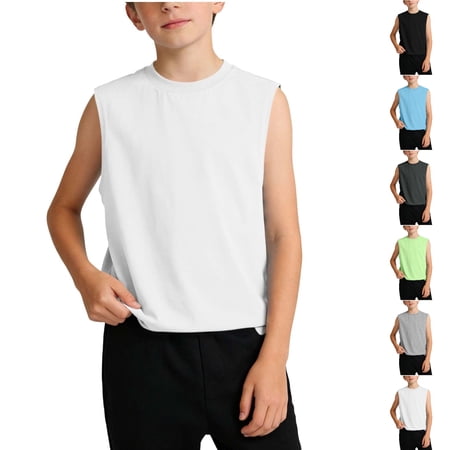 SGFCWSX Kids Tank Tops Boys Cotton Soft Breathable Sleeveless Summer Casual Versatile Athletic Daily Shirts White Size 9-10 Years