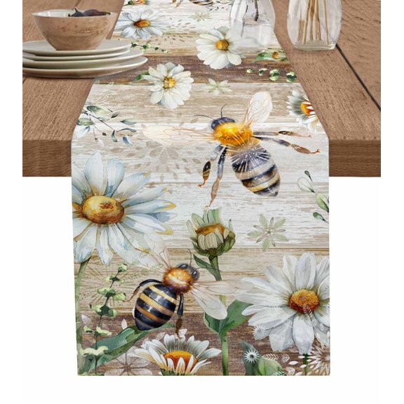 Ldtrchee Summer Botanical Table Runner 70 Inches, White Daisy Botanical Bee Rustic Bed Runner Dresser Scarves Tabletop for Indoor Outdoor Parties/Ceremony/Banquet, 13" x 70"