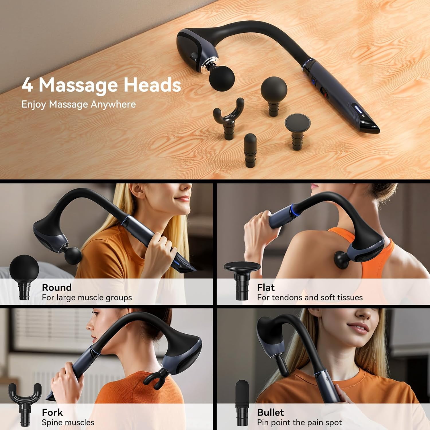 Massage Gun Deep Tissue Percussion Massager with 4 Heads, Quiet Brushless Motor & Ergonomic Design for Muscle Relief