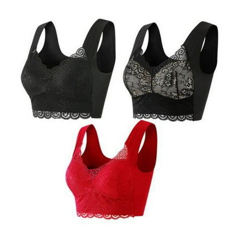 MIUOWANP 3PC Woman s Bras No Underwire Full Support Lace Pattern Tank Top Bra Optimal Push-Up Bra for Ultimate Charm (Black+Black+Red) XXXXL