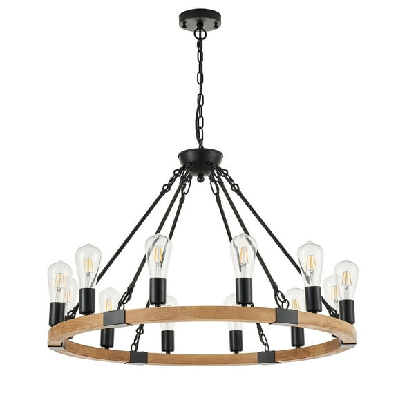 Wozzio Farmhouse 12-Light Wood Wagon Wheel Chandelier, Rustic Round Chandelier For Kitchen Island with No Bulbs Included