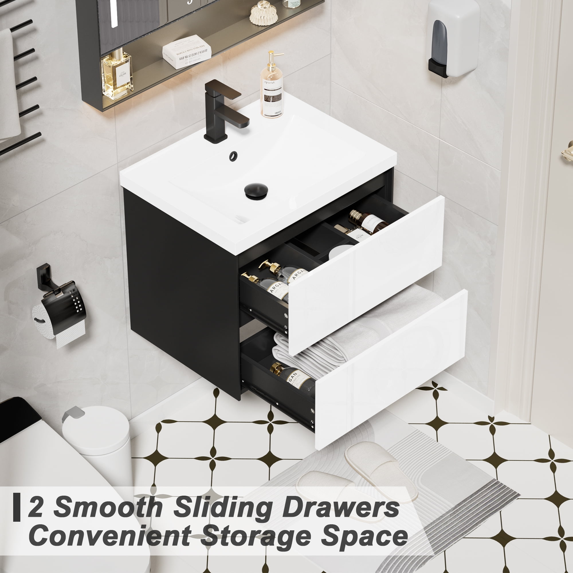 Eclife 24" Black and White Single Bathroom Vanity with Integrated Sink Top, Faucet and Drain