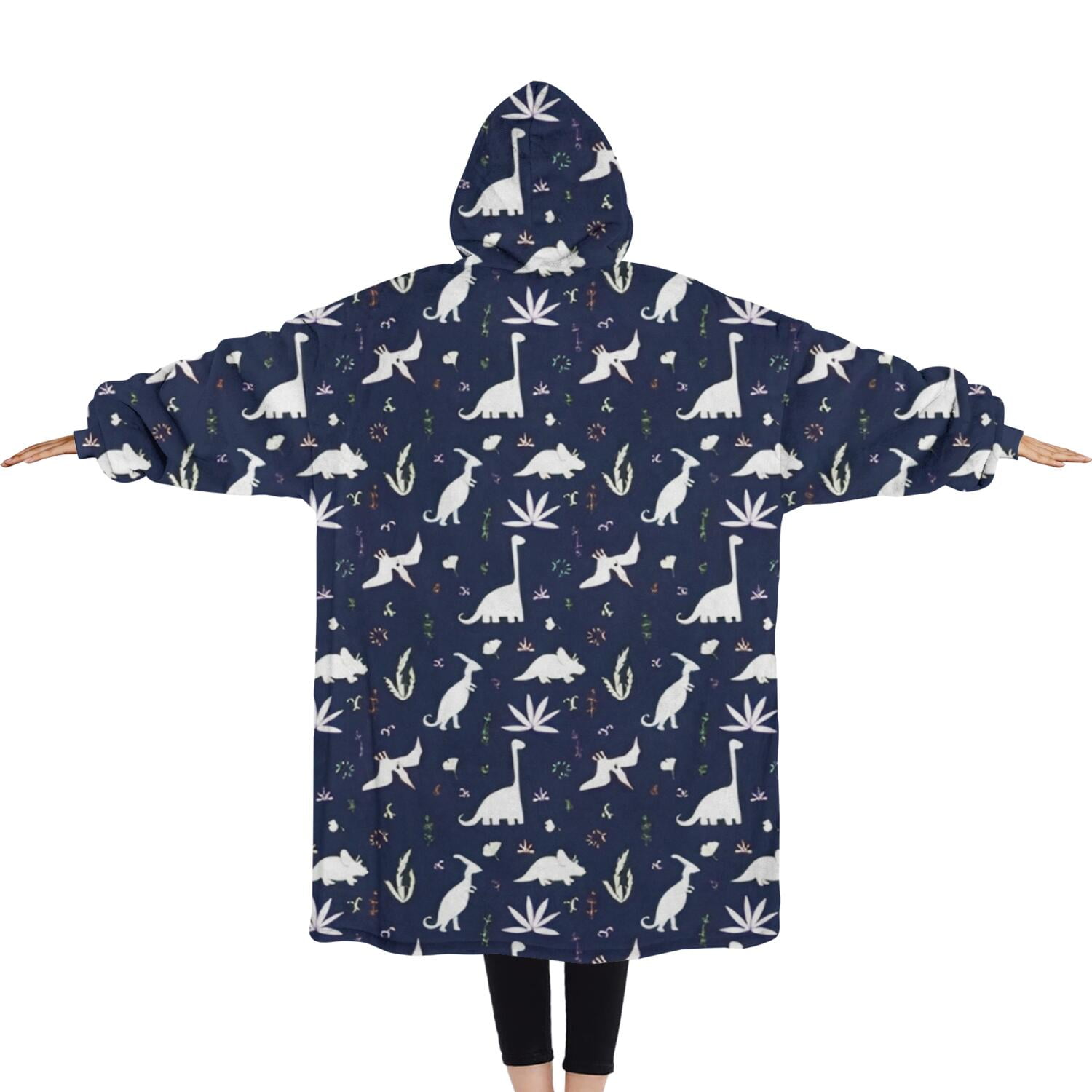 Oversized Wearable Blanket Hoodie,DarkBlue White Dinosaurs Plants Pattern Sherpa Blanket Hoodie with Super Pockets,Super Warm Fuzzy Pullover for Women & Men