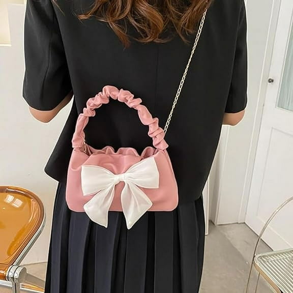 Crossbody Bags for Women, Leather Handbags, Small Bow Purse with Chain Strap for Women, Cute Elegant Underarm Bag with Top Carry Handle and Bow Knot, Pink